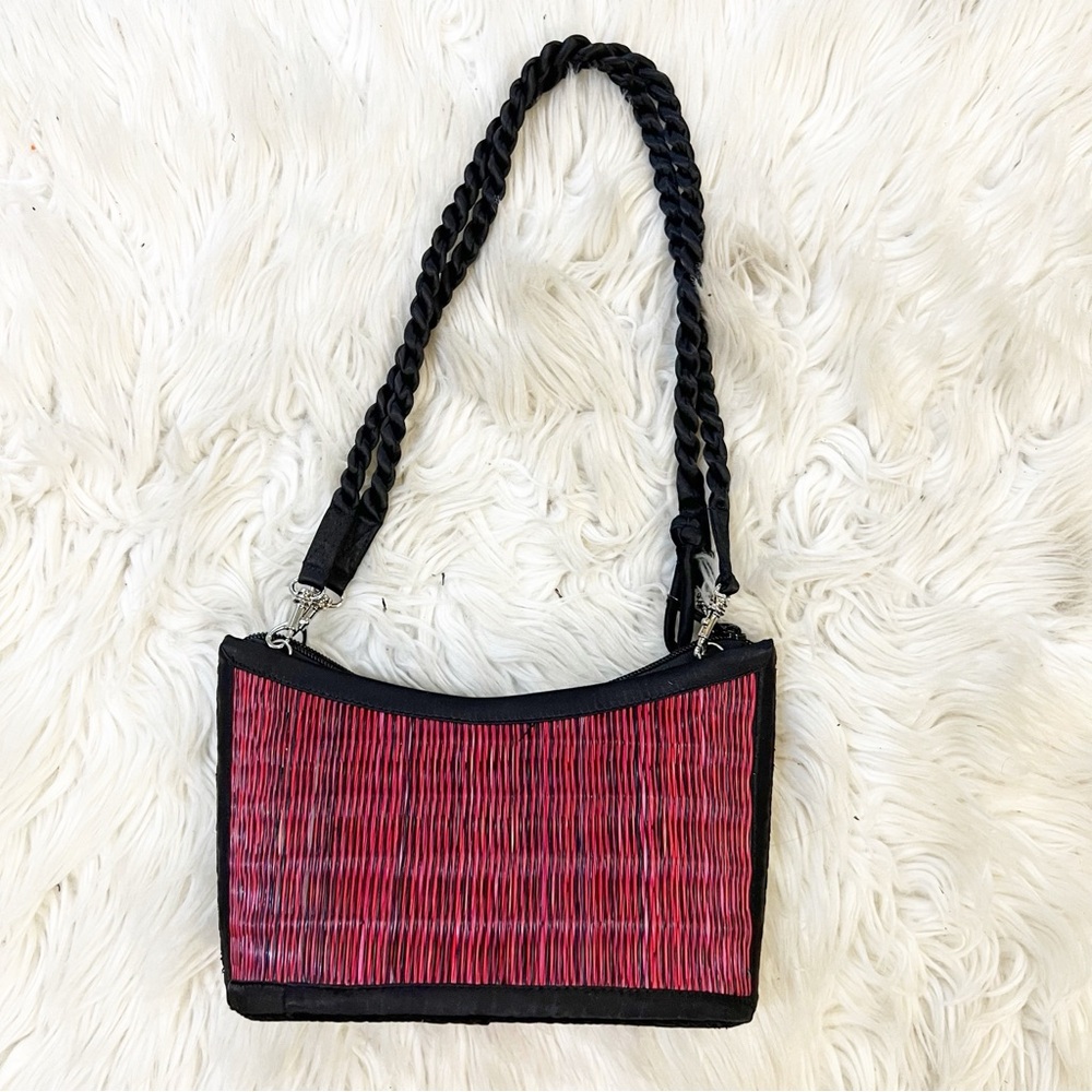 Baskets of Cambodia Red & Black Tatami Style Hand Woven Small Shoulder Bag